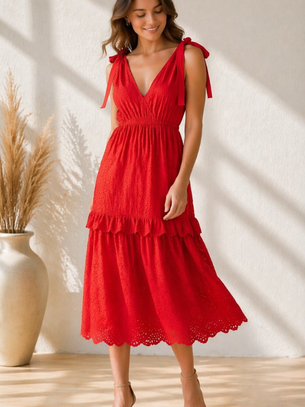 En Saison Red Eyelet Midi Dress Tie Shoulder Smocked Waist Cottagecore Summer